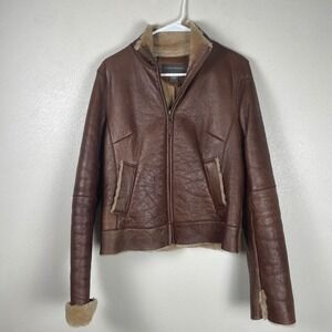Banana Republic Womens Spanish Shearling Lamb Leather Jacket Brown Size S Zip Up